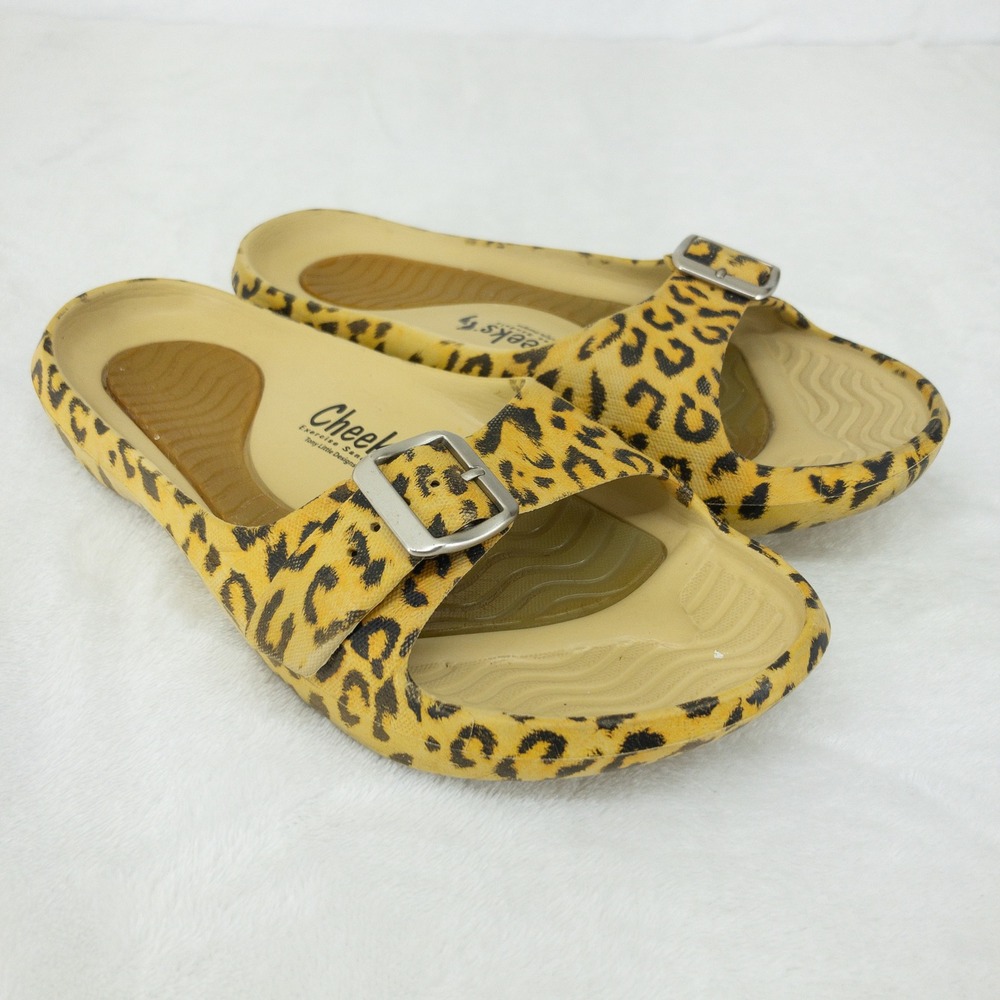 Cheeks Exercise Sandals Womens Size 7 Yellow Leopard Print Buckle Slides Comfort